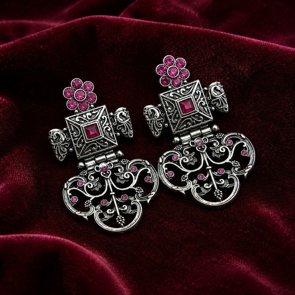 Antique Silver Bird Flower Earrings Filigree Crystal Boho Gothic VTG Revival CZ